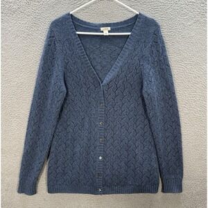 LL Bean Sweater Womens Large Blue Lace Knit Cardigan Lambs Wool Cashmere Blend